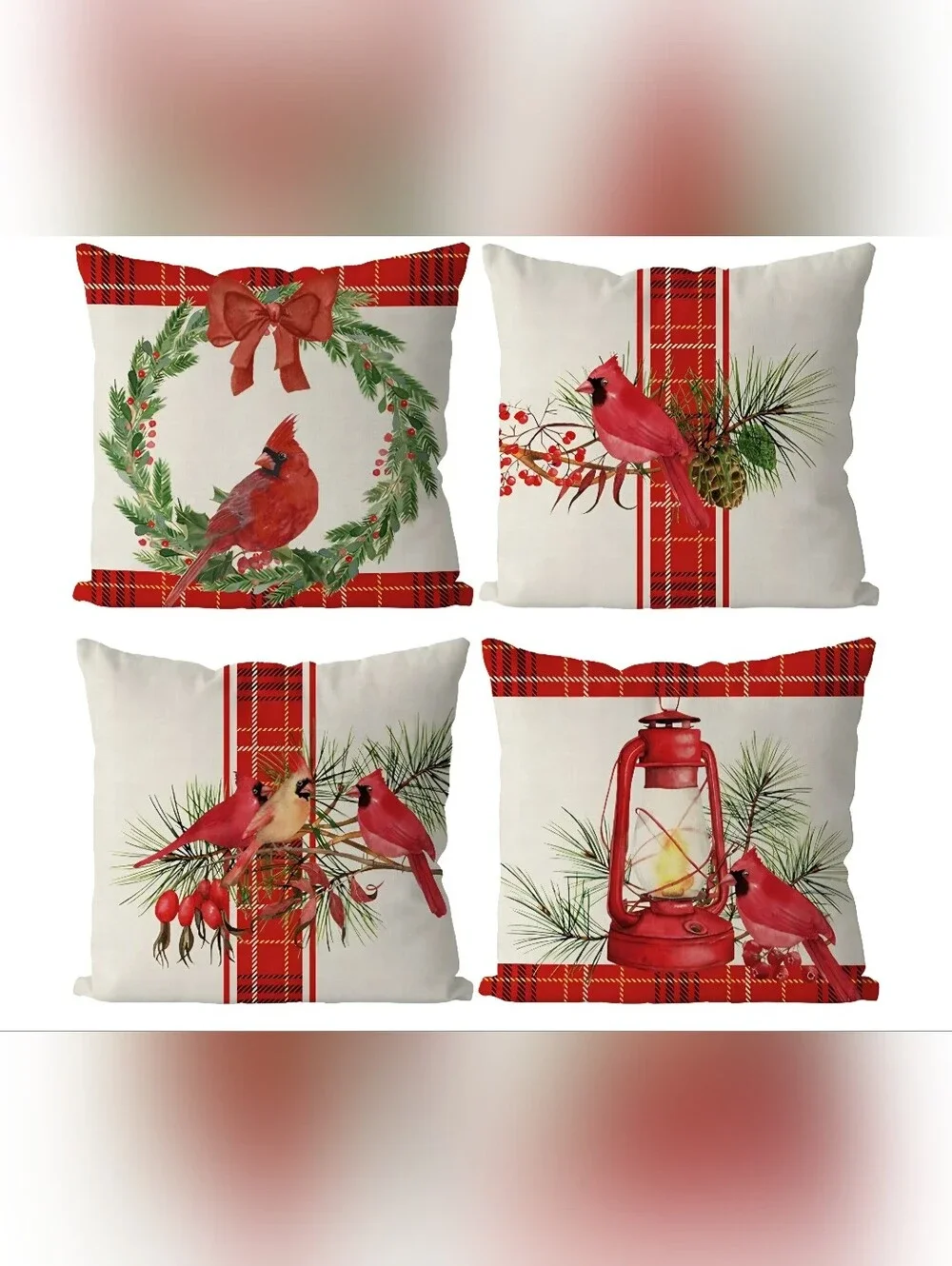 Christmas Pillow Covers 18 x 18 Inch Set of 4 Christmas Cardinal Red NEW